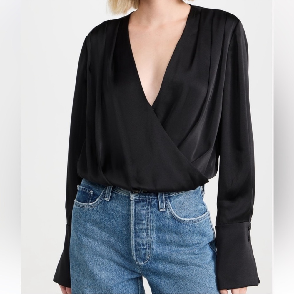 Favorite Daughter Black Surplice Satin Long-Sleeve Bodysuit - worn once